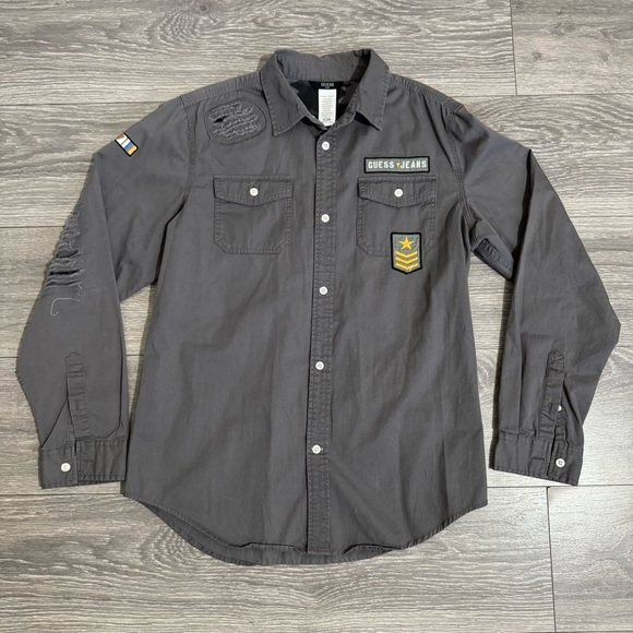 Guess Kids Gray Patched Casual Button Down Army Shirt Sturdy Fabric Sz XL Flawed - Picture 1 of 17